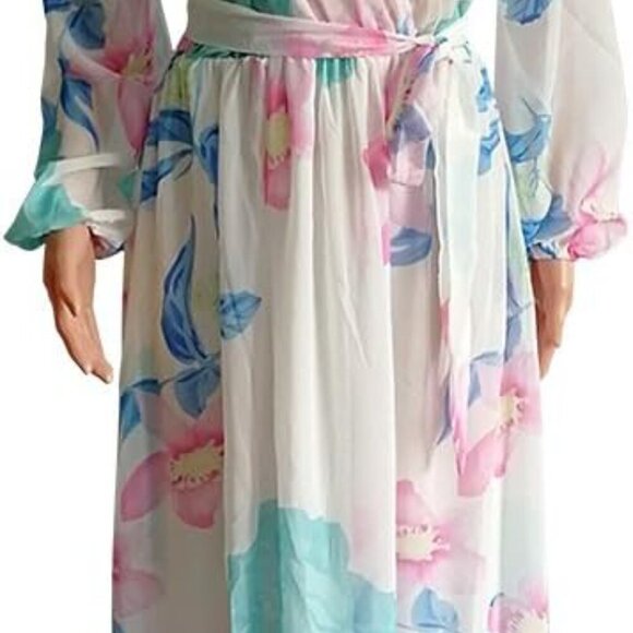 Womens Chiffon Deep V-Neck Stripe Printed Maxi Dress Unique Loose Summer Boho Dr - Picture 3 of 5